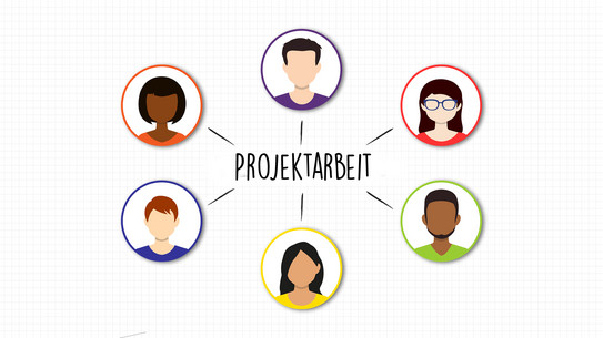 Auf kariertem Papier steht mittig "Projektarbeit". Davon gehen sechs Zweige ab, die unterschiedliche Personen in farblich markierten Kreisen zeigen.