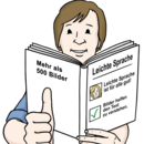 Texte in Leichte Sprache. Ein Mann hält ein Buch in der Hand, welches augenscheinlich in Leichter Sprache geschrieben wurde