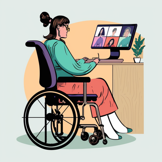 Eine weibliche Person im Rollstuhl, die an einem Tisch vor einem Computer sitzt und an einem digitalen Meeting teilnimmt.