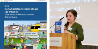 Eine Collage aus zwei Bildern. Auf dem linken Bild ist ein blaues Buchcover mit einem Wimmelbild, welches Menschen mit verschiedenen Behinderungen und assistive Technologien zeigt, zu sehen. Der Titel lautet "Die Rehabilitationstechnologie im Wandel: eine Mensch-Technik-Umwelt Betrachtung". Die Autoren sind Vanessa Heitplatz und Leevke Wilkens. Leevke Wilkens ist die Herausgeberin. Am unteren Rand steht: "Eine Festschrift anlässlich des 20-jährigen Bestehens des Fachgebietes Rehabilitationstechnologie und der Verabschiedung von Prof. Dr.-Ing. Christian Bühler". Auf dem rechten Bild sieht man Frau Dr. Vanessa Heitplatz, die auf einem Podium steht und in ein Mikrofon spricht. Vor ihr ist ein Rednerpult, auf dem ein blaues Buch steht.