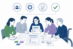 Mehrere Personen sitzen gemeinsam an einem Tisch und arbeiten kollaborativ an Entwürfen für eine digitale Lösung. Auf dem Tisch liegen abstrahierte Benutzeroberflächen, Formulare, Notizen und farbige Karten. Eine Person im Rollstuhl ist aktiv in die Diskussion eingebunden. Über der Gruppe befinden sich einfache Symbole für Zusammenarbeit, technische Entwicklung, Dokumente und erfolgreiche Lösungen. Die reduzierte Vektorgrafik symbolisiert Teilhabe, Mitbestimmung und nutzerorientierte Technologieentwicklung.