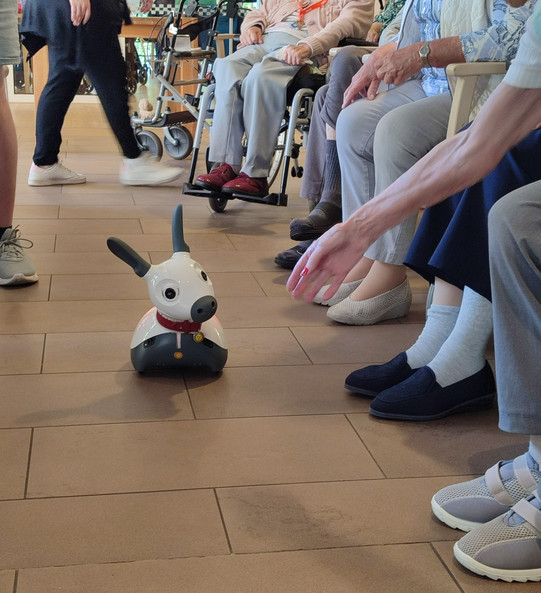 Der tierähnliche Roboter MiRo steht vor einer Gruppe älterer Menschen auf dem Boden. Eine sitzende Person streckt ihm die Hand entgegen.