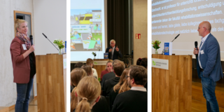 Eine Collage aus drei Bildern. Auf dem ersten ist Prorektorin Frau Prof. Dr. Wiederkehr zu sehen, die vor einem Rednerpult steht und in ein Mikrofon spricht. Auf dem zweiten Bild sieht man Prof. Dr. Christian Bühler, der zu einem Publikum spricht. Auf dem dritten Bild ist Herr Prof. Dr. Jan Kuhl zu sehen, der vor einem Rednerpult steht und in ein Mikrofon spricht.
