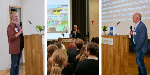 Eine Collage aus drei Bildern. Auf dem ersten ist Prorektorin Frau Prof. Dr. Wiederkehr zu sehen, die vor einem Rednerpult steht und in ein Mikrofon spricht. Auf dem zweiten Bild sieht man Prof. Dr. Christian Bühler, der zu einem Publikum spricht. Auf dem dritten Bild ist Herr Prof. Dr. Jan Kuhl zu sehen, der vor einem Rednerpult steht und in ein Mikrofon spricht.