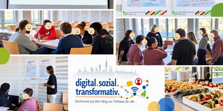 Das Bild zeigt eine Collage aus mehreren Fotos. Auf den Fotos sind jeweils unkenntlich gemachte Personen zu sehen, die um Tische herum sitzen. Außerdem zeigt die Collage zwei Plakate und eine Vortragsfolie sowie das Logo des Projekts.