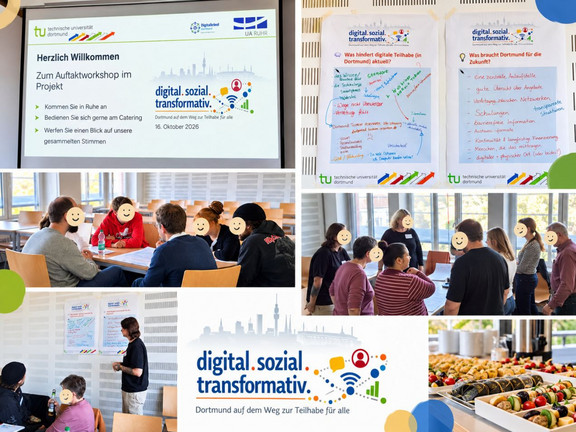 Das Bild zeigt eine Collage aus mehreren Fotos. Auf den Fotos sind jeweils unkenntlich gemachte Personen zu sehen, die um Tische herum sitzen. Außerdem zeigt die Collage zwei Plakate und eine Vortragsfolie sowie das Logo des Projekts.
