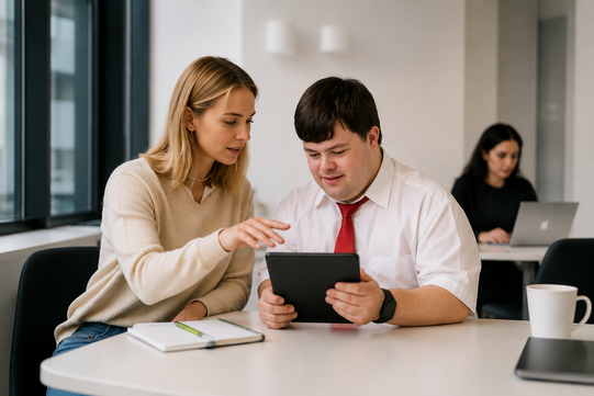 Zwei Personen betrachten gemeinsam ein Tablet an einem Tisch in einer hellen Arbeitsumgebung. Eine Person erklärt etwas und deutet auf das Gerät, während die andere das Tablet bedient; im Hintergrund arbeitet eine weitere Person an einem Laptop.
