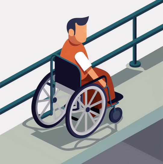 Eine männliche Person in einem Rollstuhl, die eine Rampe mit Geländer nutzt.